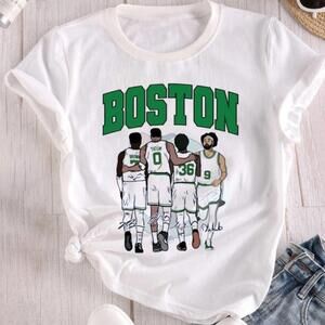 Boston Celtics Basketball Cartoon Design Unisex White T Shirt